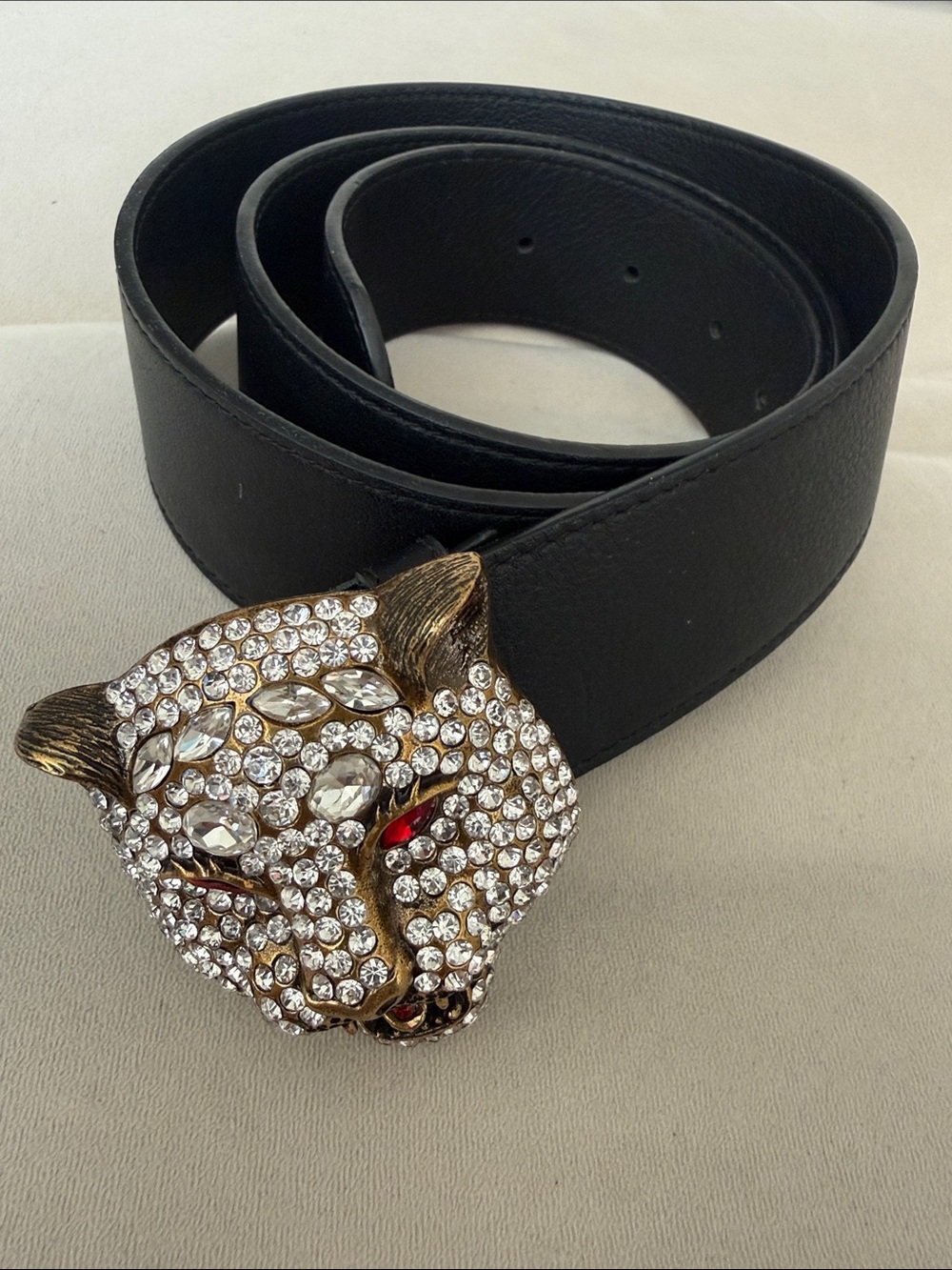 Gucci Black Leather Belt with Crystal Jaguar Head Buckle